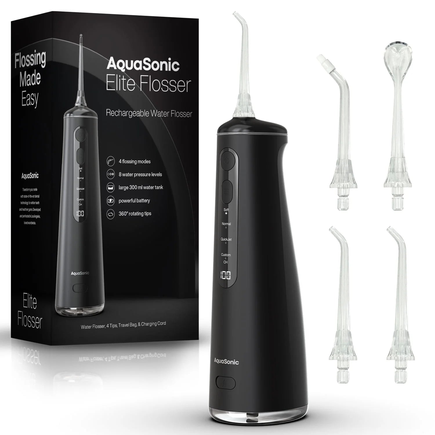 Elite Advanced Cordless Smart Water Flosser Set, Large 300Ml Tank, Portable Travel Pouch, 4 Modes, 8 Pressure Levels, 4 Tips for Teeth, Waterproof - Black