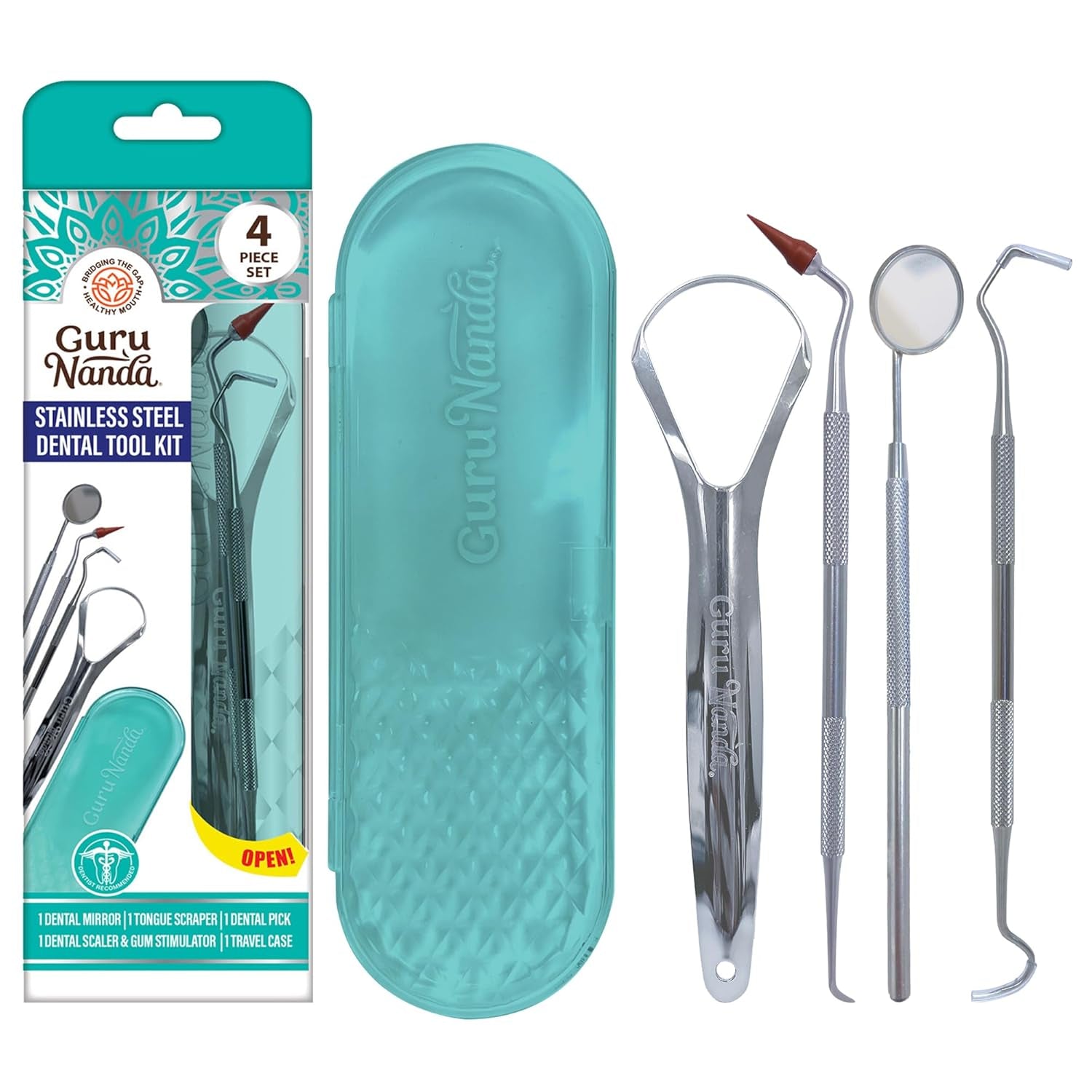 4-Piece Stainless Steel Tools Set with Tongue Scraper, Dental Mirror, Scaler & Gum Stimulator