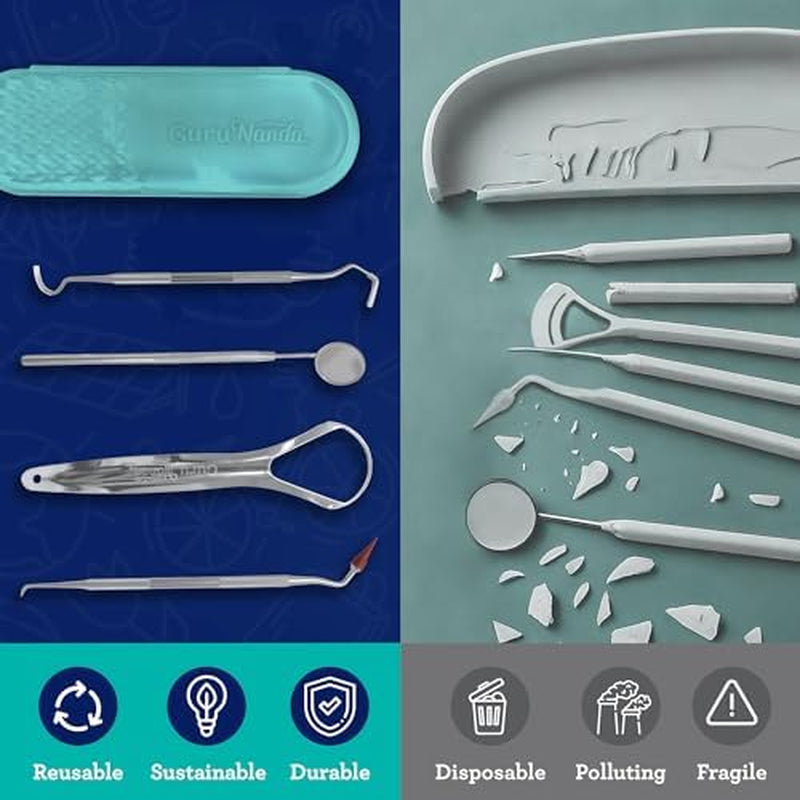 4-Piece Stainless Steel Tools Set with Tongue Scraper, Dental Mirror, Scaler & Gum Stimulator