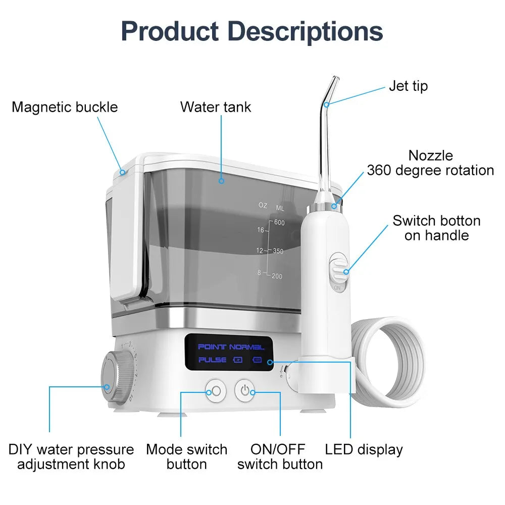 Oral Irrigator USB Rechargeable 10 Levels Water Flosser Portable Dental Water Jet 600ML Water Tank Household Teeth Cleaner