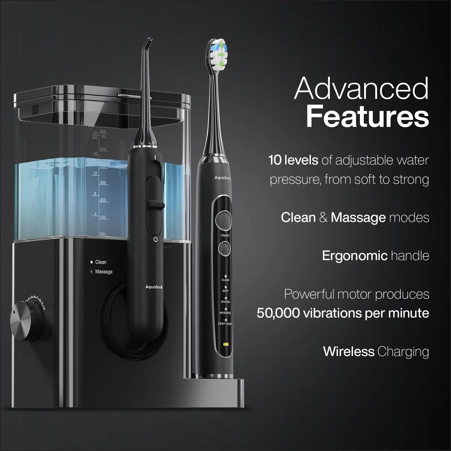 Home Dental Center PRO Set, 2-In-1 Ultrasonic Electric Toothbrush & Water Flosser, Compact Countertop Unit, 6 Proflex Brush Heads, 2 Water Flosser Jet Tips, 1 Tongue Scraper - Black