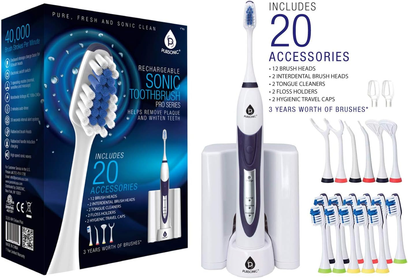 S520 White Ultra High Powered Sonic Electric Toothbrush with Dock Charger, 12 Brush Heads & More! (Value Pack)